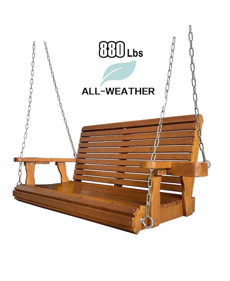 Wooden Porch Swing 2-Seater, Bench with Cupholders, Hanging Chains and 7mm Springs, Heavy Duty 800 Lbs, for Outdoor Patio Garden Yard, 4 ft