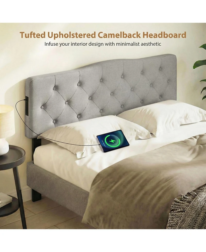 Slickblue Upholstered Tufted Headboard with 2 Ac Outlets for Queen and Full Beds