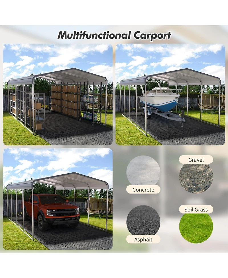 homfan 10' x 15' Heavy-Duty Metal Carport Canopy, All-Weather Steel Garage Shelter with Rust-Resistant Iron Roof and Upgraded Base for Cars Boats