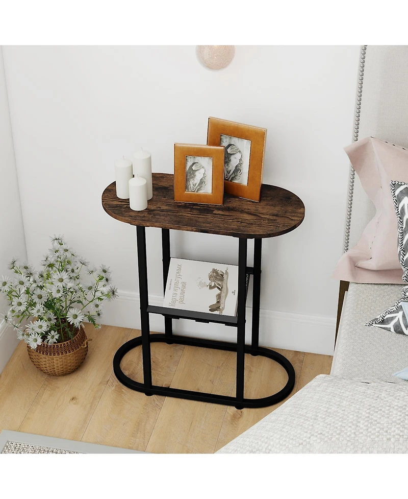 Slickblue Industrial Oval End Table with 2-Tier Design and Mesh Storage Shelf