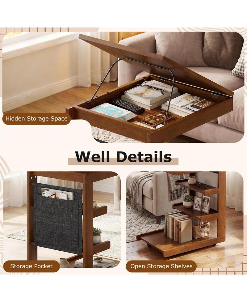 Slickblue Mobile C-Shaped Side Table with Adjustable Top and Wheels for Sofa Bedroom