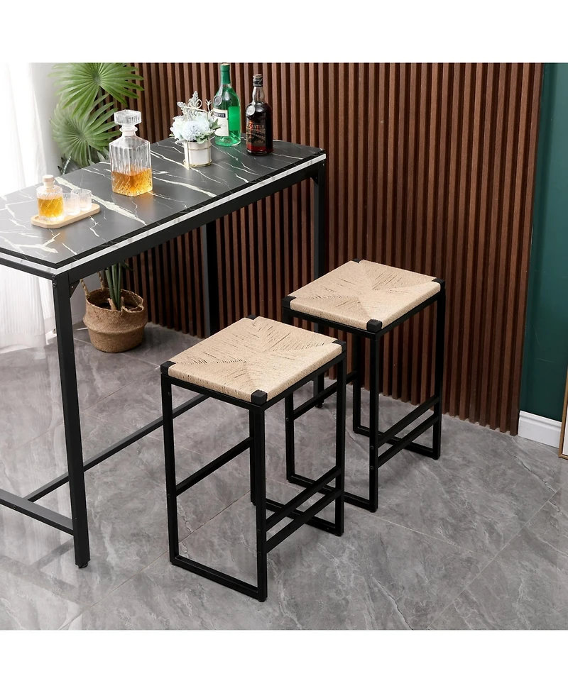flynama Set Of 2 Backless Paper Rope Woven Bar Stools Metal Frame Counter Height Stools For Kitchen Island Dining Room And Cafe