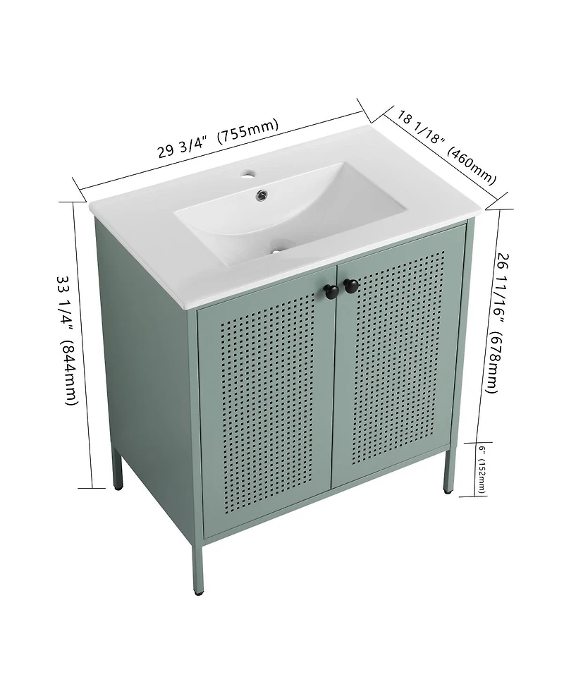 Sillysis Modern Steel Bathroom Vanity with Ceramic Sink, Mint Green Double Door Freestanding Cabinet, Adjustable Shelf