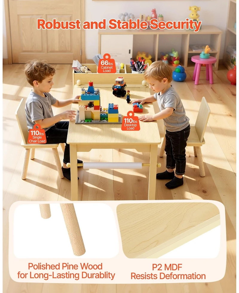 Sugift Kids Art Table and Chair Set, Wooden Craft Table with 3-Tier Storage, Light Wood