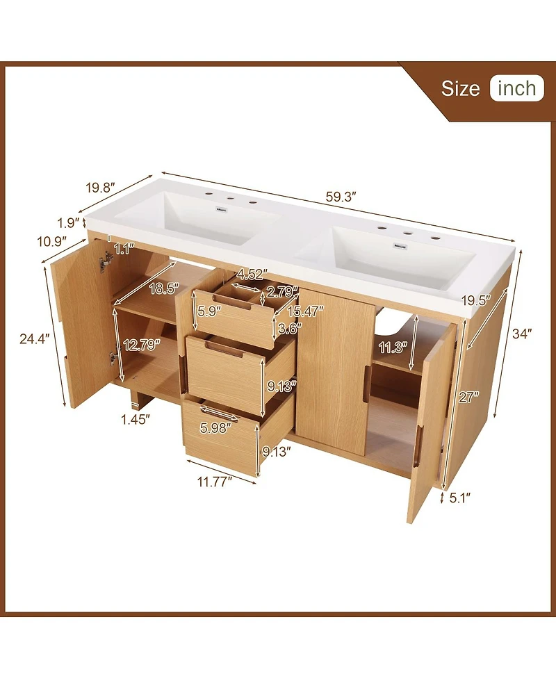 Sillysis Double Sink Freestanding Bathroom Vanity, Soft Close Doors and Drawers, Smc Resin Top, Adjustable Shelves, Ample Storage