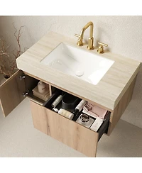 Sillysis Wall Mounted Bathroom Vanity with Sintered Stone Top, Plywood Storage Cabinet and Ceramic Basin, Easy Installation