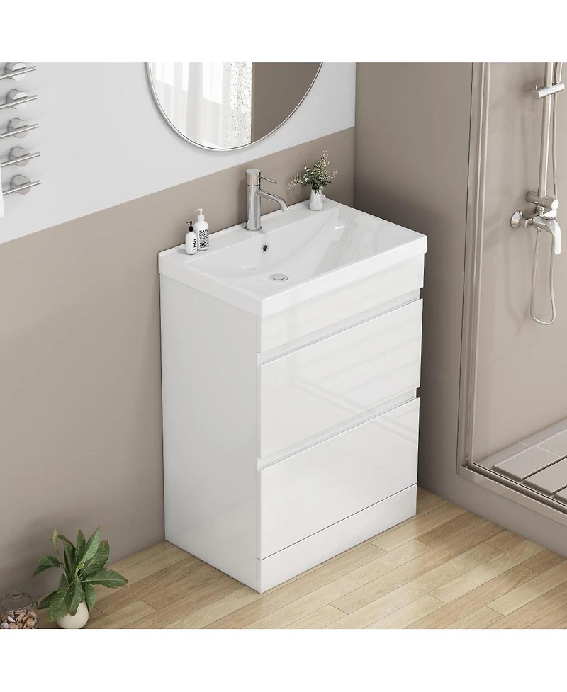 Sillysis Modern Freestanding Bathroom Vanity with Ceramic Sink, Soft Close Drawers, Glossy Storage Cabinet