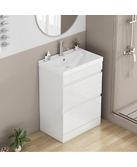 Sillysis Modern Freestanding Bathroom Vanity with Ceramic Sink, Soft Close Drawers, Glossy Storage Cabinet