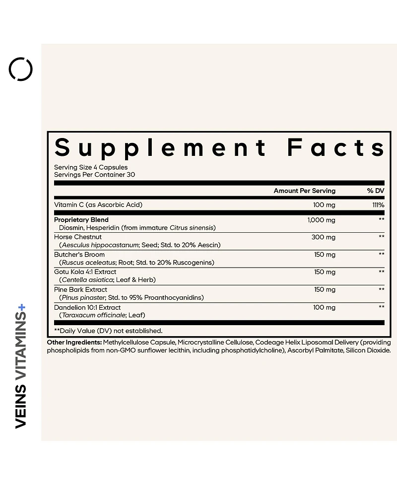 Codeage Veins Vitamins, Diosmin, Hesperidin, Horse Chestnut, Butcher's Broom, Vitamin C, 120 Capsules