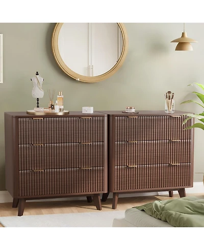 homfan 32inch Wide Modern Fluted Nightstands Set of 2 with Faux Marble Top, 3-Drawer Bedside Table for Bedroom, Living Room, Hallway and Entryway