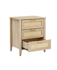 homfan Farmhouse Rattan Bedside Table with 3 Drawers, Modern Storage End Table and Dresser for Bedroom, Living Room and Entryway