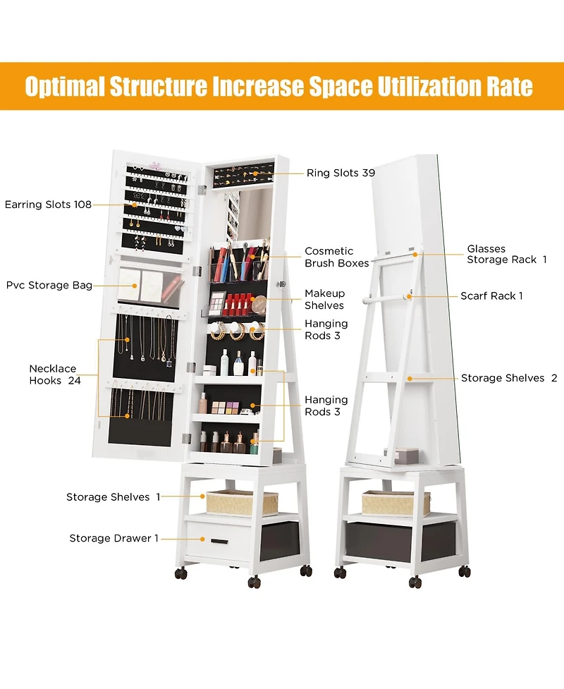 homfan Standing Jewelry Armoire with Full-Length Mirror, Rotating Base, Lockable Storage and Suede Lining