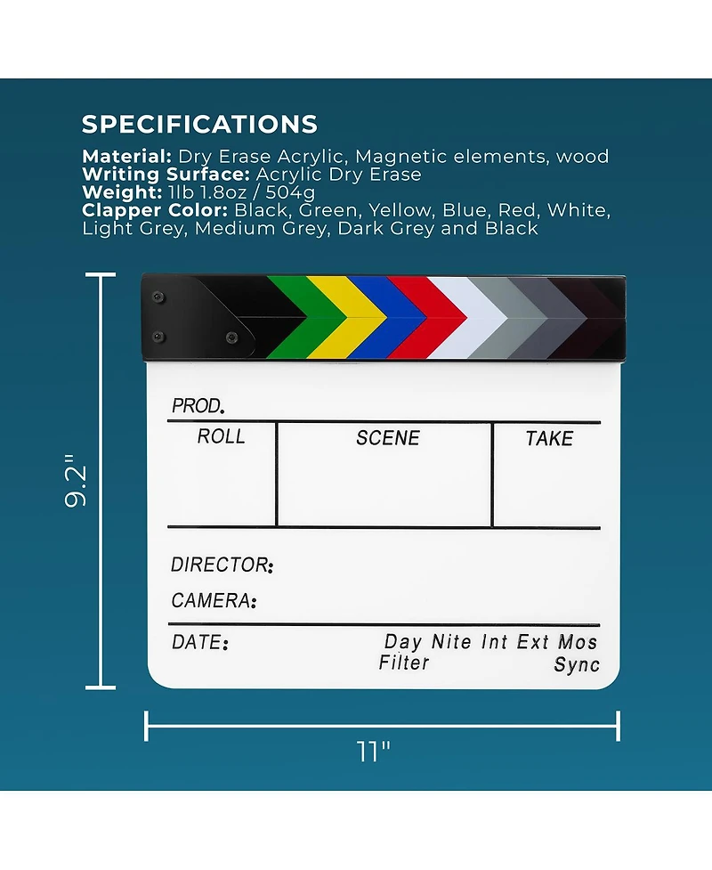 Clar 9-Section Acrylic Production Slate with Color Clapper Sticks (9.25 x 11")