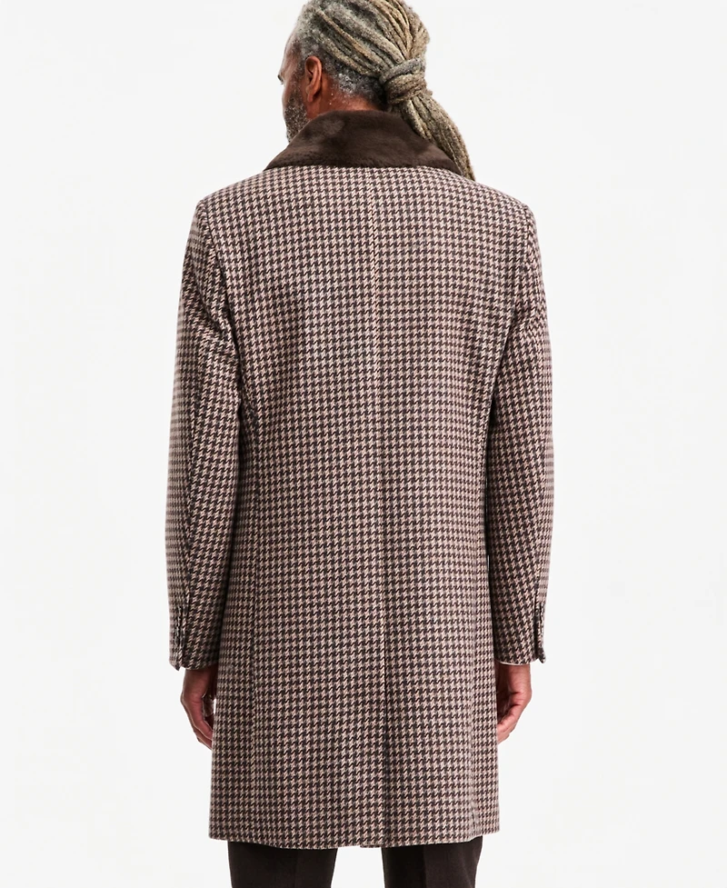 Tayion Collection Men's Regular Fit Tan Houndstooth Double-Breasted Overcoat