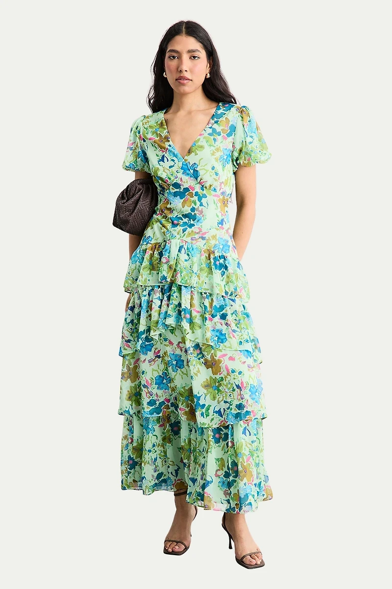 Warehouse Women's Waist Puff Sleeve Tiered Midi Dress