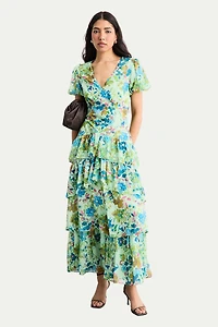 Warehouse Women's Waist Puff Sleeve Tiered Midi Dress