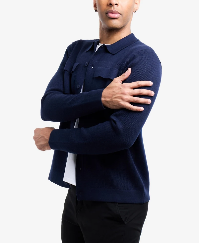 Spring + Mercer Men's Long Sleeve Sweater With Full Buttoned Two Patch Pockets