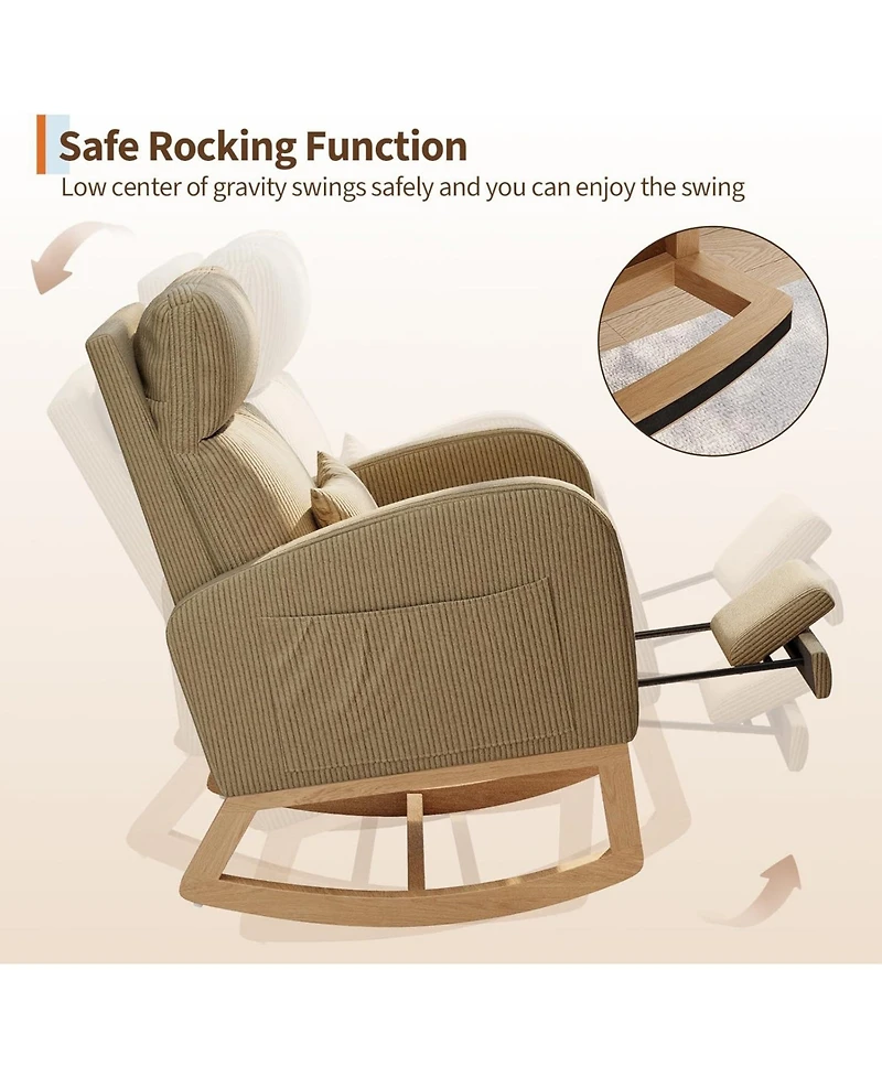 gaomon Corduroy Rocking Chair with Footrest,Modern Nursery Glider Chair with Side Pockets and Pillow,Rocker Chair for Living Room Bedroom