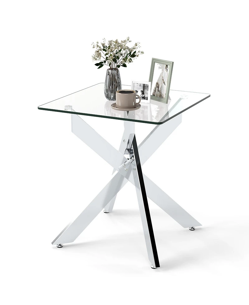 Slickblue Modern Square End Table with Tempered Glass Top and Metal X Frame Base-Silver