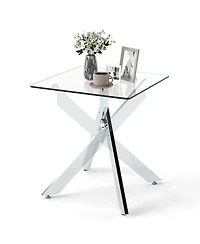 Slickblue Modern Square End Table with Tempered Glass Top and Metal X Frame Base-Silver