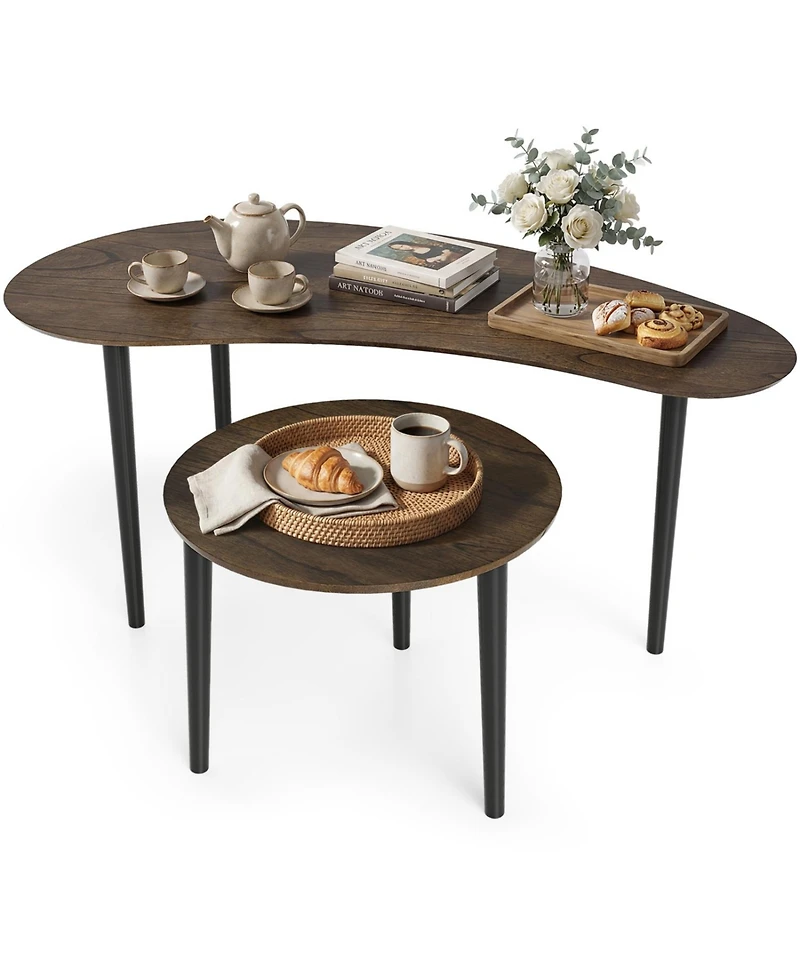 Slickblue Modern Nesting Tables Set of 2 with Rubber Wood Legs, Mid Century Design-Walnut
