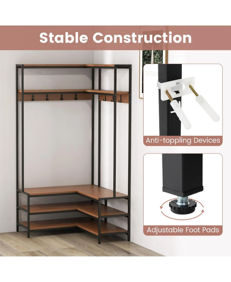 Gouun L-Shaped Corner Hall Tree with 7 Hooks, Shelves and Shoe Bench