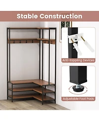 Gouun L-Shaped Corner Hall Tree with 7 Hooks, Shelves and Shoe Bench