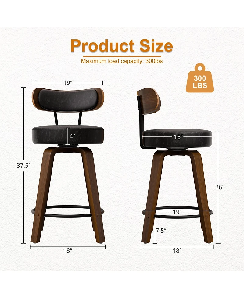 Dyhome 24 inches Bar Stools Set of 2, Counter Height with Leather Pad Wood Back, Upholstered Barstools for Kitchen Island, Cafe