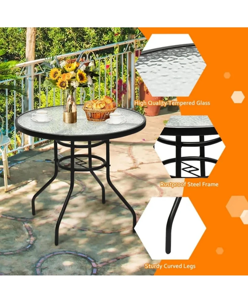 Yiortwo 32" Round Patio Table with Umbrella Hole, Tempered Glass Outdoor Table