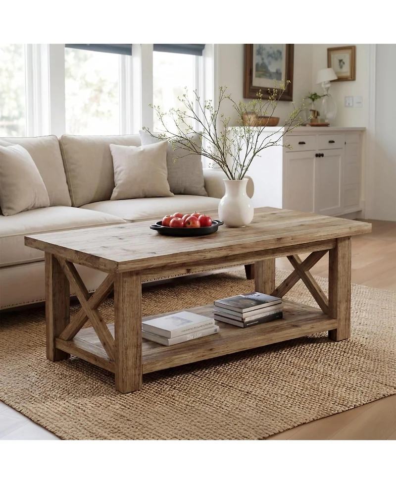 Tribesigns Solid Wood Coffee Table with X-Frame Side, 2-Tier Farmhouse Rectangular Center Table for Living Room, Accent Cocktail Tea Table