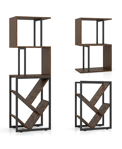 Gymax 6-Tier Bookshelf Industrial S-Shaped Geometric Bookcase w/ Open Display Shelves