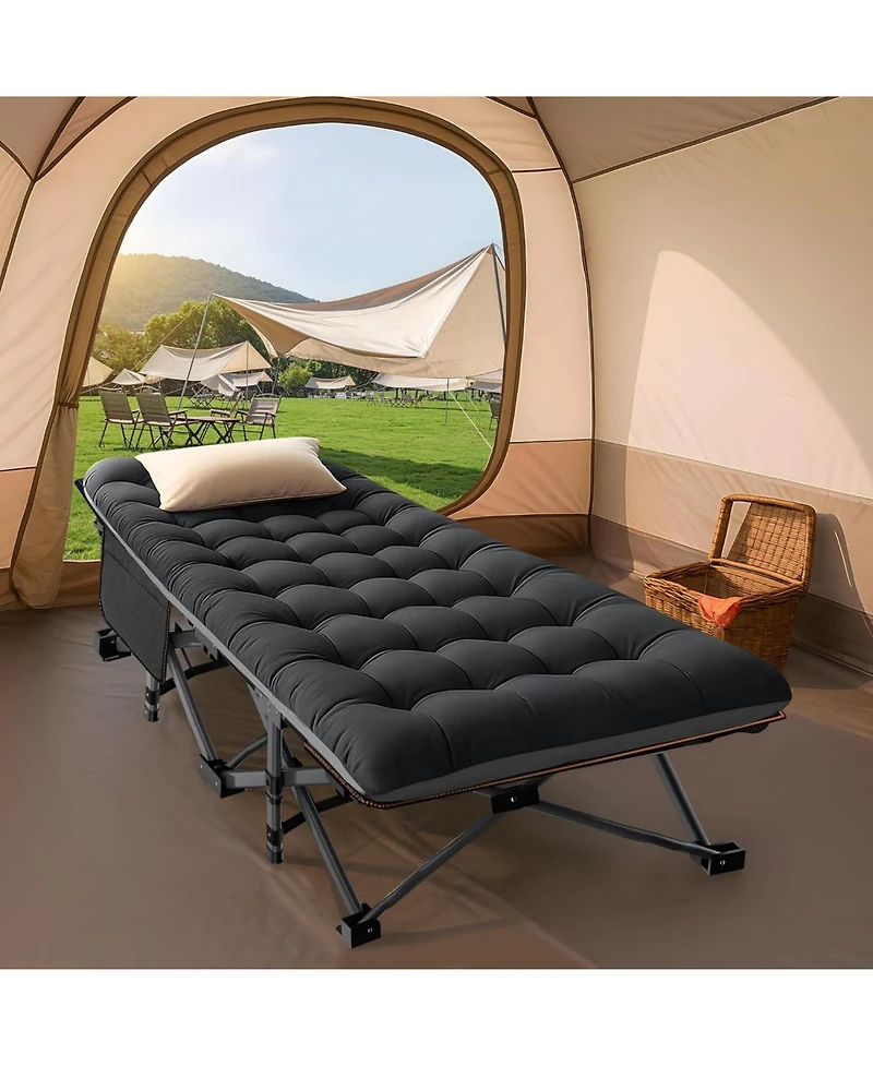 Aboron Folding Camping Cot with Mat: 75"x28". Heavy Duty 1200D Oxford Outdoor Bed for Adults Carry Bag. Portable Travel Camp
