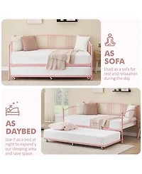 homfan Metal Daybed with Trundle, Pull-Out Guest Bed Frame 6 Casters and Steel Slat Support for Bedroom or Living Room