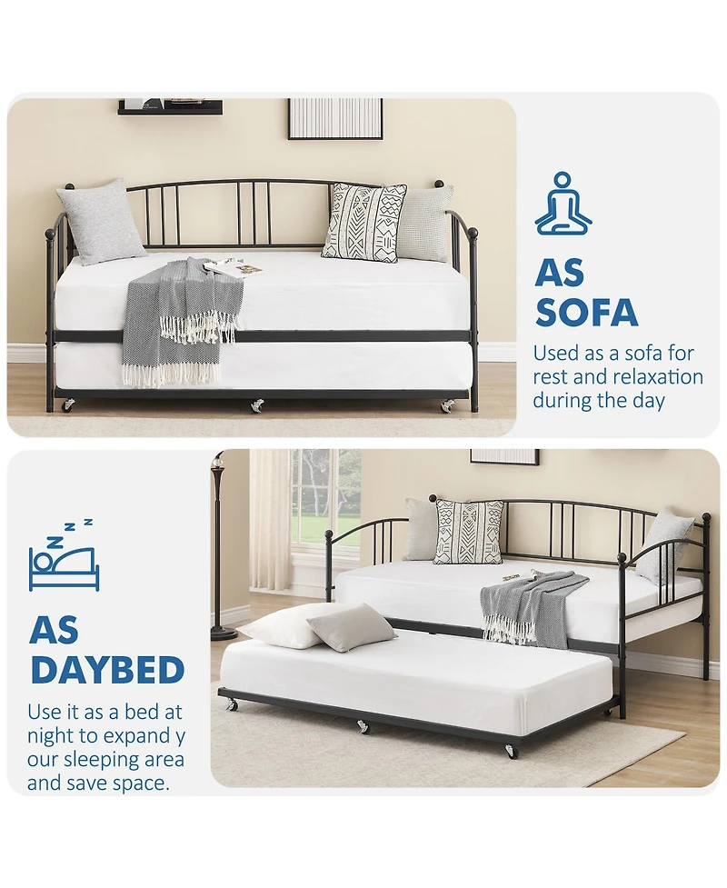 homfan Metal Daybed with Trundle, Pull-Out Guest Bed Frame 6 Casters and Steel Slat Support for Bedroom or Living Room