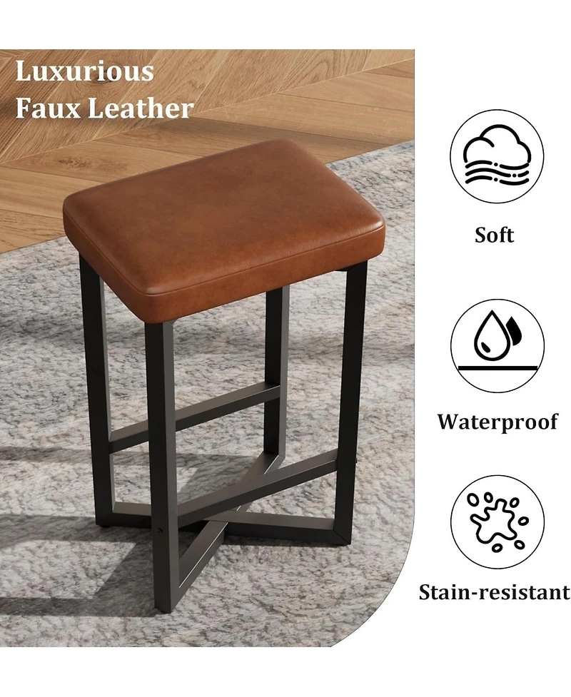 homfan 2 Pack Leather Counter Height Stools, Backless Upholstered Seat, Metal X Frame Footrest, Space Saving for Kitchen Home Bar Dining.