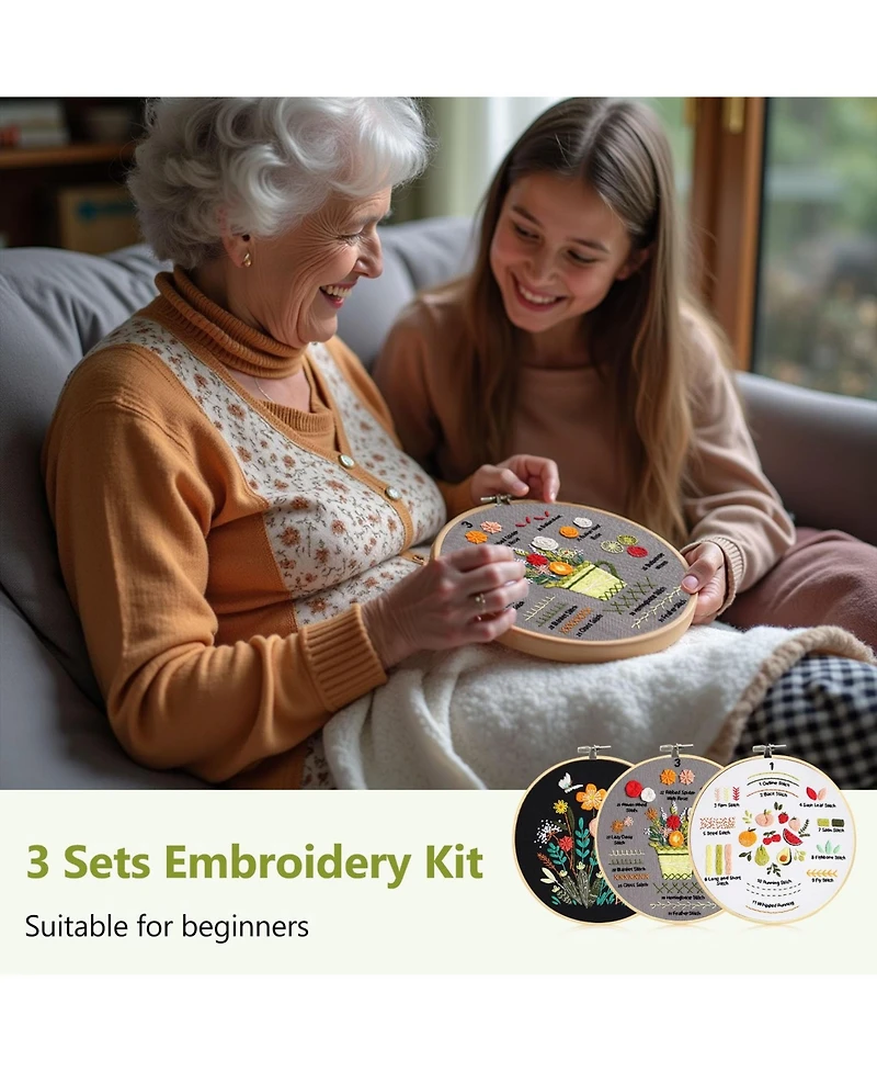 Gnuadz 3 Pack Embroidery Kit Beginner Adult Diy Stamped Pattern Hoop Thread Video Tutorial