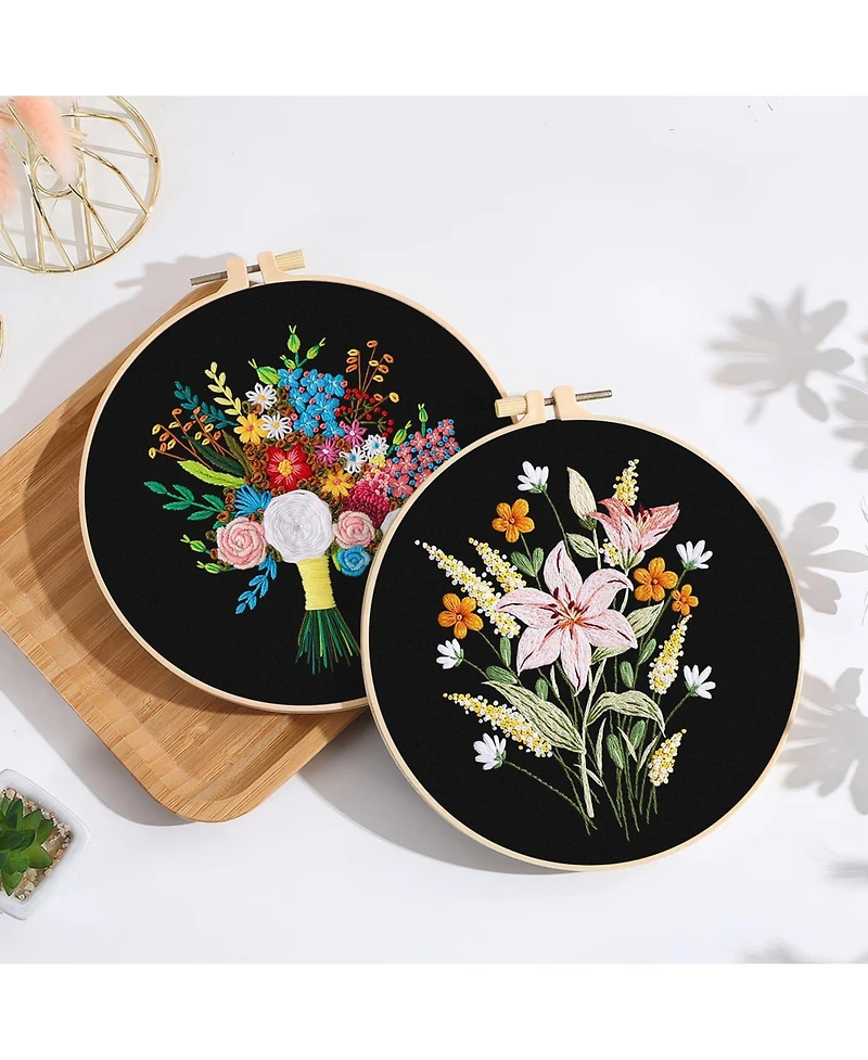Gnuadz 4 Sets Embroidery Kit Floral Cross Stitch Cloth Hoops Threads