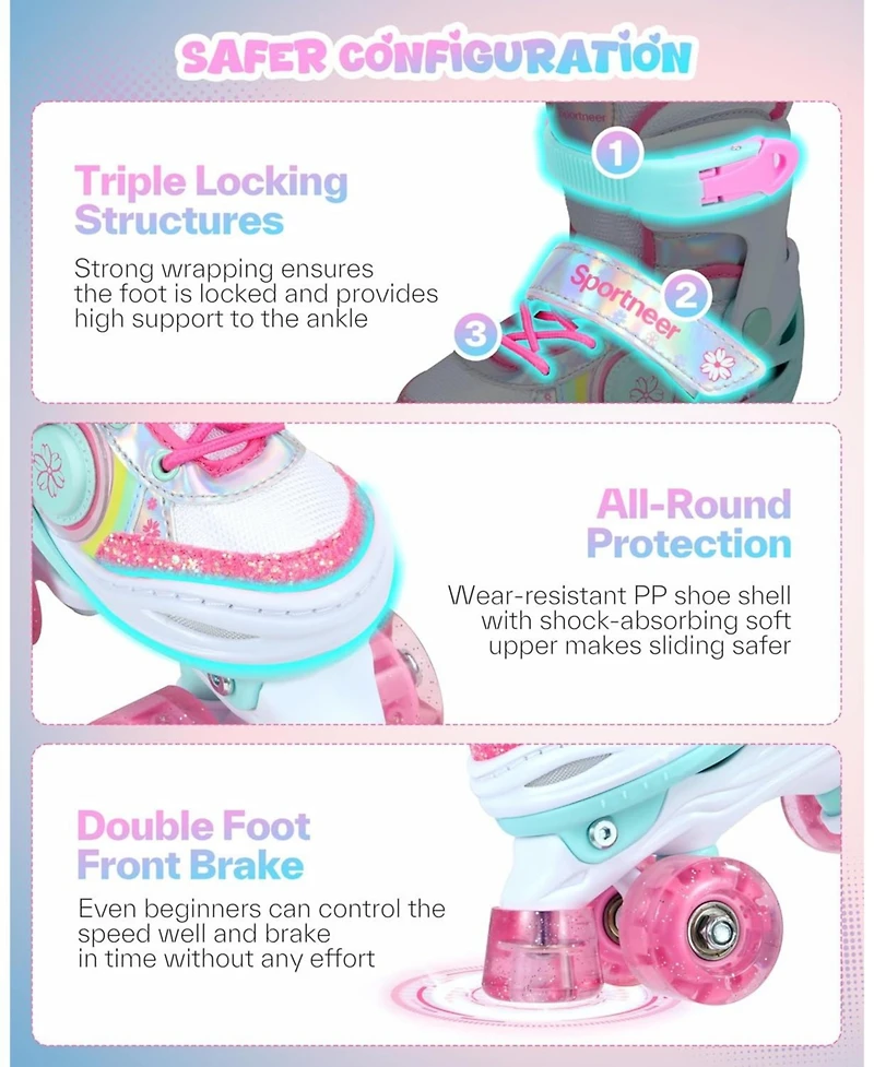 Sportneer Kids Roller Skates 4 Size Adjustable 8 Flash Led Wheels with Gear for Ages 3-12 Xs Foot Length 5.7 to 6.3 Inch Indoor Outdoor