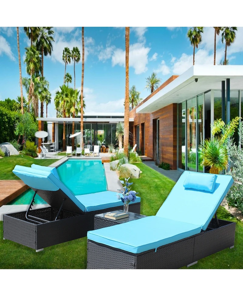 Clihome 3-Piece Outdoor Patio Furniture Set - 2 Adjustable Rattan Chaise Lounges with Cushions and Tempered Glass Coffee Table, Blue