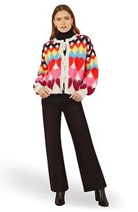 Yumi Women's Tie Front Heart Intarsia Cardigan