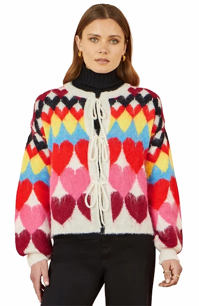 Yumi Women's Tie Front Heart Intarsia Cardigan