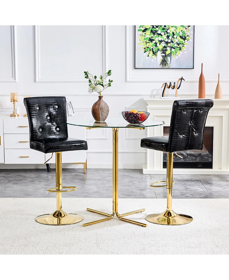 Rainsken Swivel Bar Stools Set of 2, Adjustable Faux crocodile Leather, with Button Tufted Back, Metal Leg Kitchen Island Chairs, for