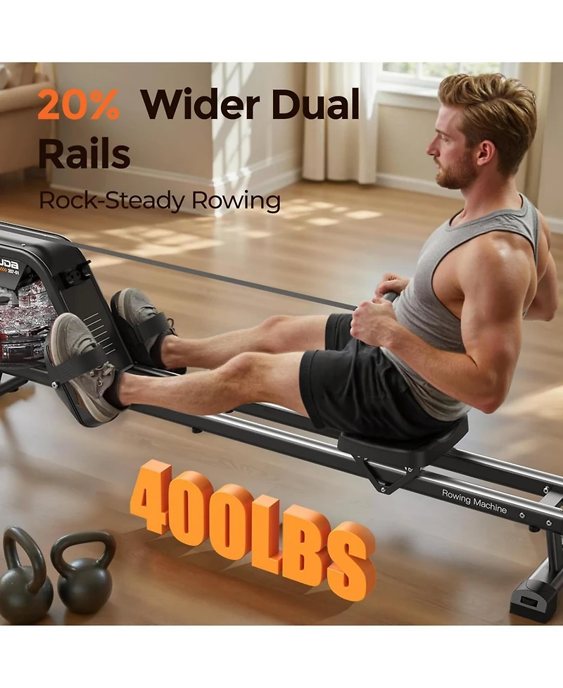 Fed Fitness Dual Rail Water Rower for Home Use, Bluetooth App Sync, Smooth and Stable Rowing Machine for All Fitness Levels