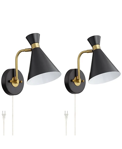 360 Lighting Venice Mid Century Modern Wall Lamps Set of 2 Matte Black Brass Plug-in 6 1/4" Light Fixture Cone Shade for Bedroom Reading Living Room