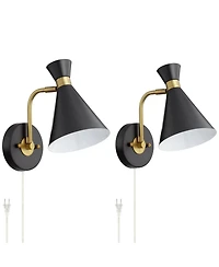 360 Lighting Venice Mid Century Modern Wall Lamps Set of 2 Matte Black Brass Plug-in 6 1/4" Light Fixture Cone Shade for Bedroom Reading Living Room