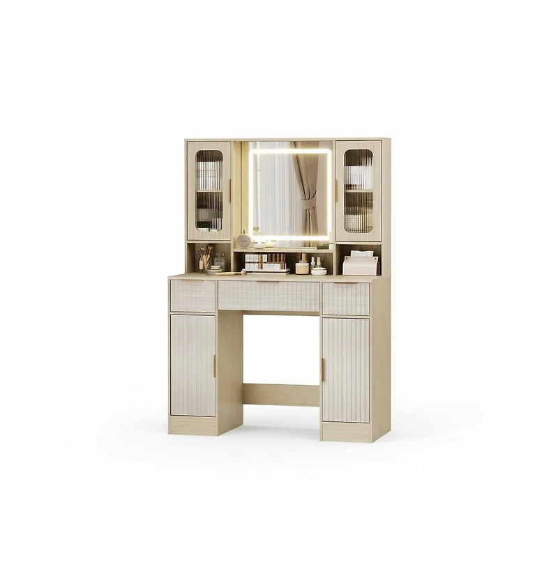 Homfan Vanity Desk with Mirror and Adjustable Led Lights, 2 Glass Cabinets, 2 Spacious Cabinets, 3 Wavy Drawers, Makeup Dressing Table for Bedroom