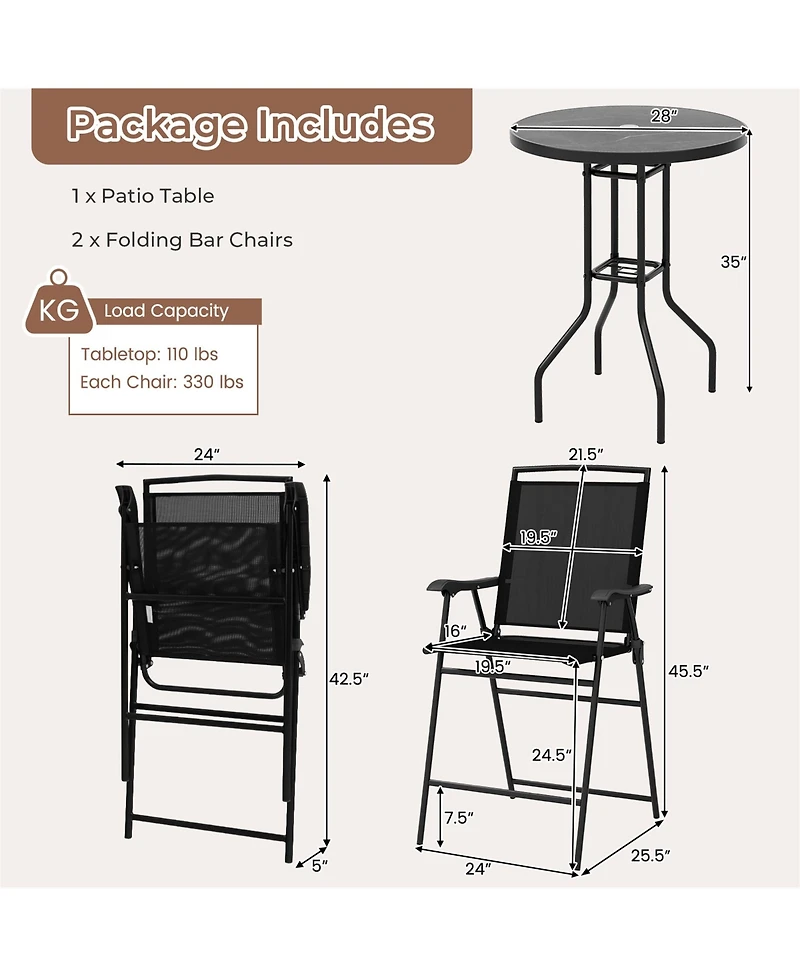 Gymax 3 Pcs Outdoor Bar Stool Set Dpc Tabletop Umbrella Hole and Footrest 2 Chairs