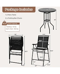 Gymax 3 Pcs Outdoor Bar Stool Set Dpc Tabletop Umbrella Hole and Footrest 2 Chairs
