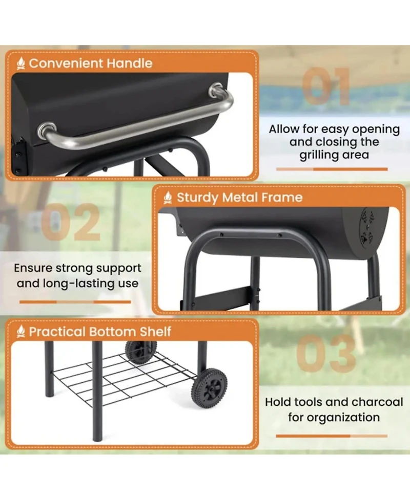 Yiortwo 24" Barrel Charcoal Grill with Thermometer, Foldable Side Table and Wheels