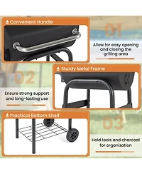 Yiortwo 24" Barrel Charcoal Grill with Thermometer, Foldable Side Table and Wheels